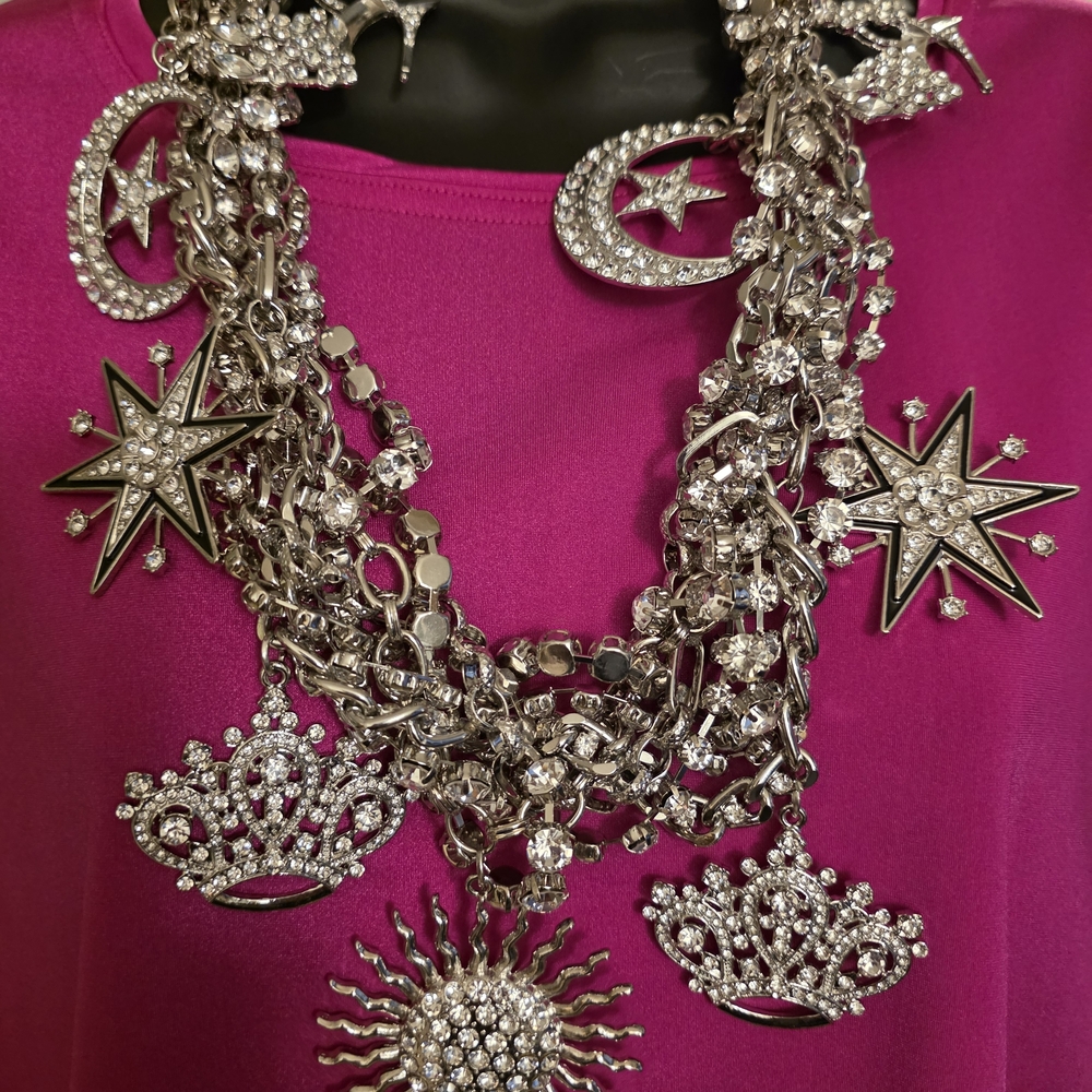 Sassy Jones "Miss Youniverse" Silver Rhinestone Charm Statement Necklace